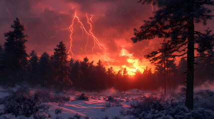 Poster - Dramatic forest landscape illuminated by lightning and vibrant sunset colors. Frostglint. Illustration