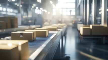 Poster - A clean and organized food packaging assembly line with sealed boxes.