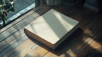 Wall Mural - A simple closed book on a minimalist wooden table with natural lighting.