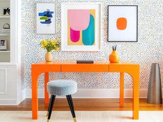 Maximalist home office with bold geometric wallpaper