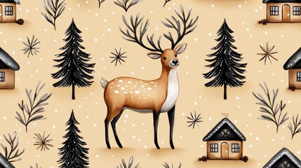 Naklejka na meble Vintage-style Christmas pattern, black and white reindeers and trees with cottages on beige, capturing nostalgic holiday warmth and simplicity