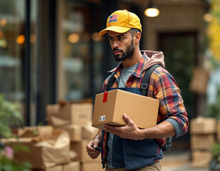 a sad and tired delivery man