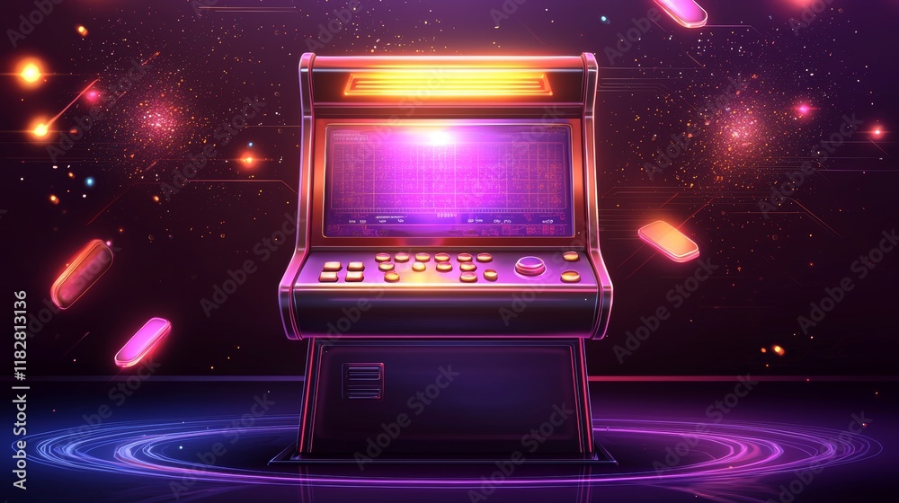 Pixel art arcade machine, surrounded by glowing retro graphics, bold ...