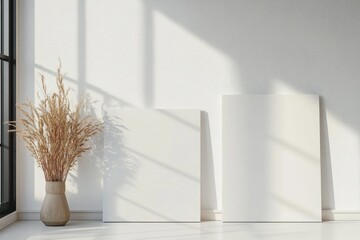 Fototapete - Minimalist Interior Scene with Two Blank Canvases and Natural Sunlight