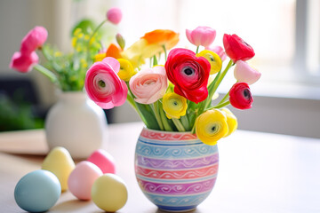 Poster - Colorful flowers in a decorative vase with pastel Easter eggs on a wooden table