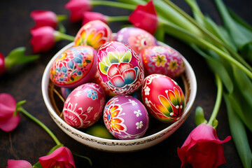 Poster - Colorful hand-painted eggs arranged in a bowl surrounded by pink roses for a festive decoration
