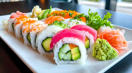 Poster - Delicious sushi platter featuring a variety of rolls with fresh ingredients served at a modern restaurant
