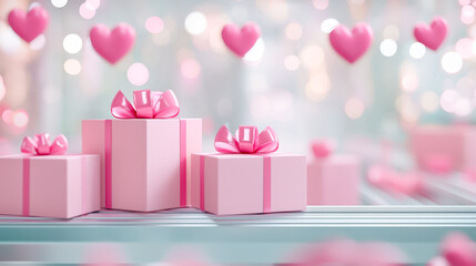 Aufkleber - Colorful pink gift boxes with bows in a festive setting filled with hearts and bright decorations