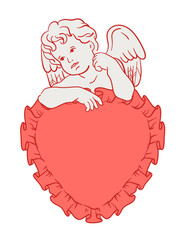 Wall Mural - antique cherub with frame in shape of heart-shaped lace pillow. coquette illustration of cupid in re