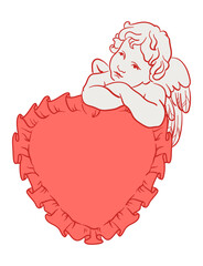Wall Mural - vintage baby cupid illustration with frame in shape of heart-shaped lace pillow.cute angel in doodle