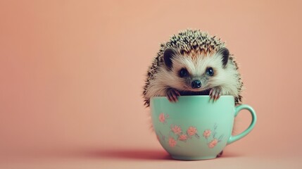 Poster - A cheerful hedgehog sitting in a small teacup, with pastel colors and room for copy around.