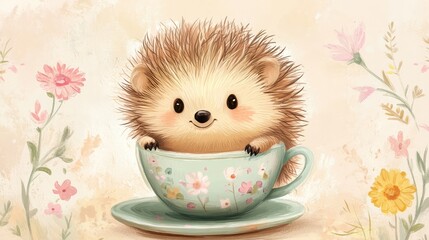 Poster - A cheerful hedgehog sitting in a small teacup, with pastel colors and room for copy around.