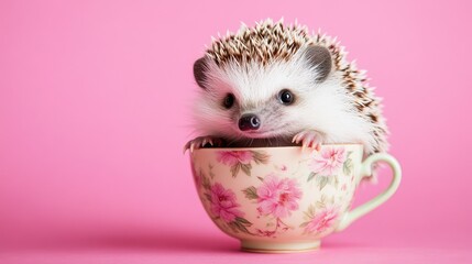 Canvas Print - A cheerful hedgehog sitting in a small teacup, with pastel colors and room for copy around.