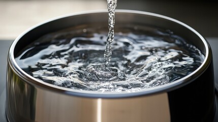 Poster - A clean stainless steel water fountain for senior pets, with a minimalist background for text.