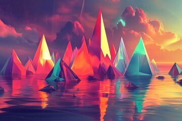 Poster - Colorful crystal mountains rise from a serene lake under a vibrant sunset sky. Generative AI