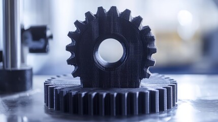 Poster - A close-up of a D-printed mechanical gear, with room around the part for adding copy.