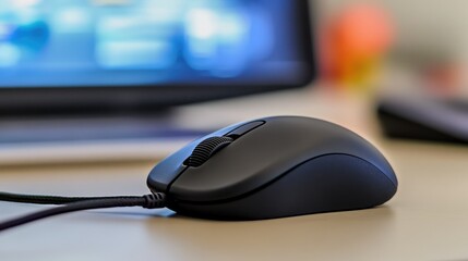 Wall Mural - A close-up of a computer mouse beside a screen displaying software code, with negative space for copy.