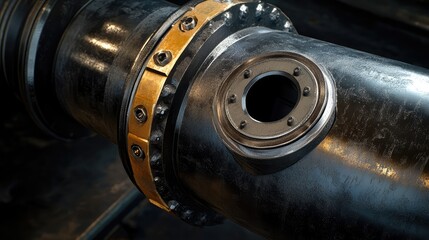 Poster - A close-up of a precision-engineered part such as a nozzle or pipe fitting, on a dark, industrial background.