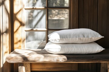 Poster - Cozy wooden bench with two white pillows near a window in a serene indoor setting during daytime. Generative AI