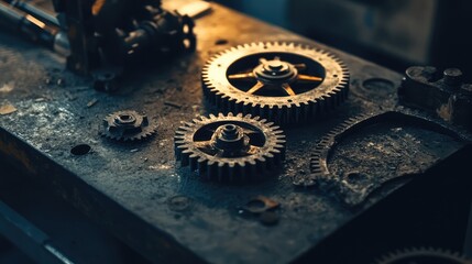 Poster - A close-up of high-tech mechanical gears and components on a workbench, with space for adding text.