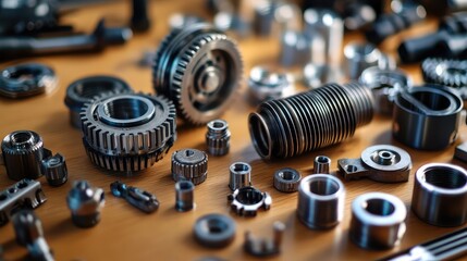 Poster - A close-up of high-tech mechanical gears and components on a workbench, with space for adding text.