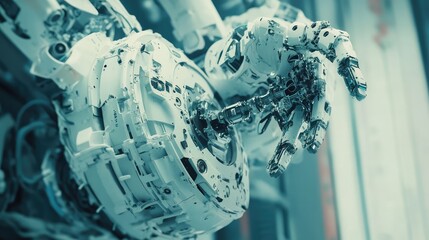 Poster - A close-up shot of an advanced robotic arm assembling parts in a factory, with ample space around for copy.