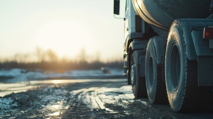 Poster - A close-up shot of a cement truck unloading concrete at a construction site, with space for text.