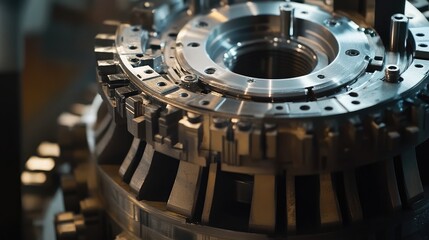 Poster - A close-up shot of a gear transmission system with sharp mechanical details, offering room for copy.