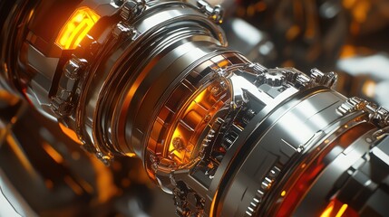 Poster - a close-up shot of a mechanical system such as a hydraulic piston with gears, with a soft focus back
