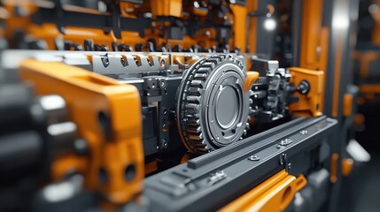 Poster - A close-up shot of a gear transmission system with sharp mechanical details, offering room for copy.