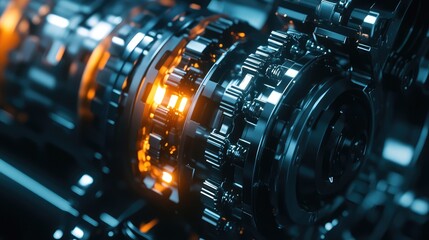 Poster - A close-up shot of a gear transmission system with sharp mechanical details, offering room for copy.