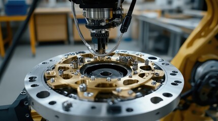 Poster - A detailed shot of a mechanical engineering part being assembled, with clean space for text around the part.