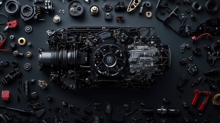 Poster - A detailed photo of a sophisticated engine part being assembled, with plenty of space around for copy.