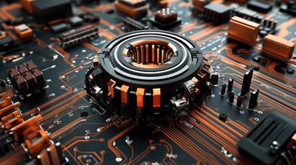 Poster - A detailed view of a cutting-edge electric vehicle motor prototype, surrounded by tech components with room for text.