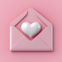 Poster - Minimalist pink envelope with white heart card on pastel pink background for love letter communication concept 3D rendering
