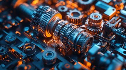 Poster - A high-tech metal gearbox with detailed components on a dark surface, with ample space for text.