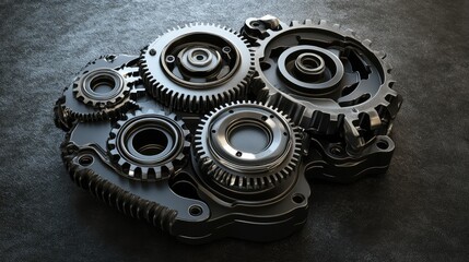 Poster - A high-tech metal gearbox with detailed components on a dark surface, with ample space for text.