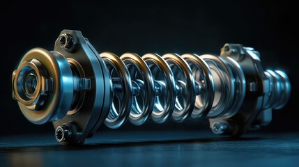 Poster - A highly detailed image of a mechanical shock absorber, placed against a dark backdrop with space for copy.