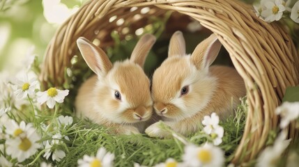 Poster - A pair of baby bunnies cuddled together in a wicker basket, with fresh green grass and flowers around, leaving room for copy text.