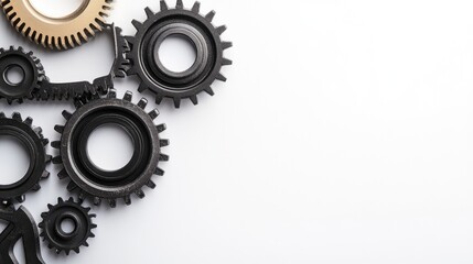 Poster - A set of mechanical engineering components such as pulleys, belts, and gears on a clean surface with space for text.