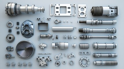 Poster - A set of mechanical engineering precision parts like a micro-turbine and pipes, laid on a clean surface.