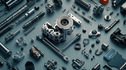 Poster - A set of mechanical engineering precision parts like a micro-turbine and pipes, laid on a clean surface.