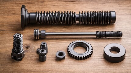 Poster - A set of precision mechanical parts like a shaft, gear, and bearing placed neatly on a workbench, with ample copy space.
