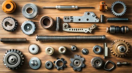 Poster - A set of precision mechanical parts like a shaft, gear, and bearing placed neatly on a workbench, with ample copy space.