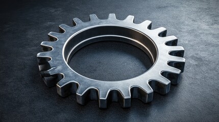 Poster - A shiny, detailed metal gear wheel with smooth surfaces on a dark background, offering space for copy.