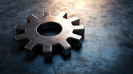 Poster - A shiny, detailed metal gear wheel with smooth surfaces on a dark background, offering space for copy.
