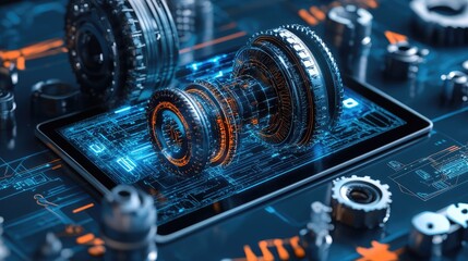 Poster - A shot of advanced engineering components with AI tools and software shown on a tablet, surrounded by space for copy.