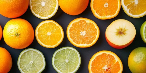 Wall Mural - A colorful arrangement of sliced oranges and limes, showcasing their vibrant textures and colors.