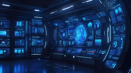 Poster - A wide-angle shot of a smart manufacturing plant filled with digital displays and automation technology.