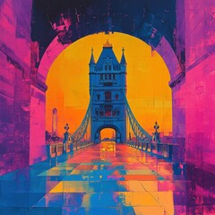 Vibrant Abstract Pop Art Collage of Tower Bridge in Bold Colours Pink Blue Yellow Geometric Shapes and Patterns